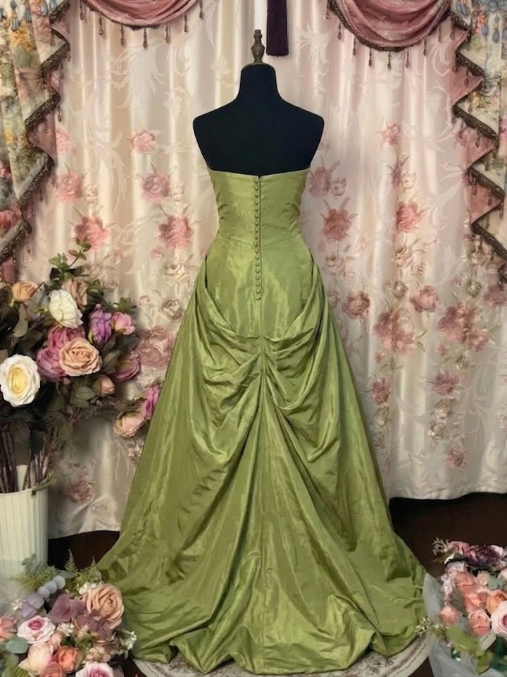 slim fit dress slacks Green Satin Floor Length Prom Dress, A-Line Puffy Short Sleeve Evening Party Dress US 16 / Dark Green main image 0