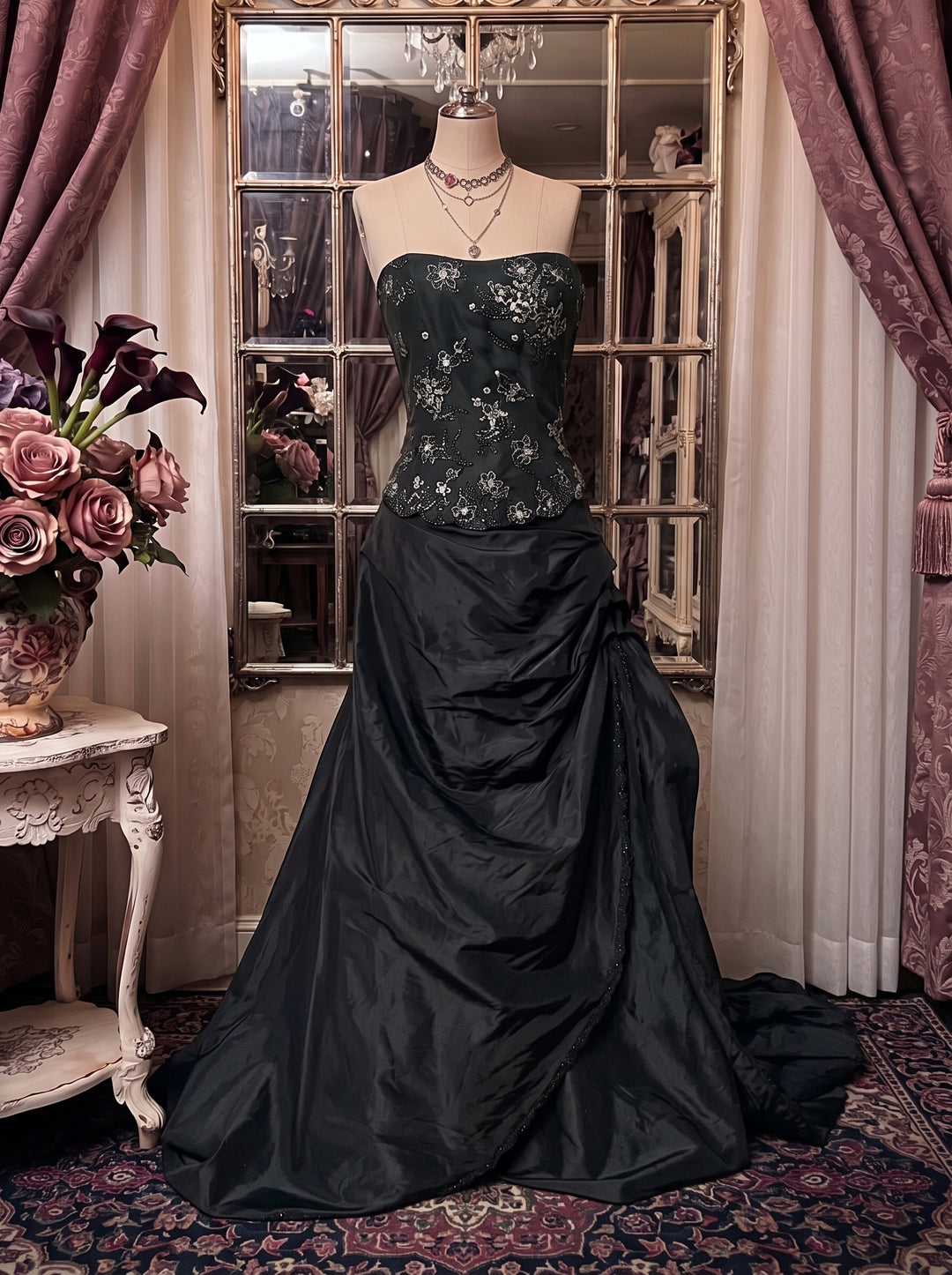A-Line/Princess Strapless Taffeta Prom Dresses Vintage 80s Iridescent Dress Sleeveless FLoor-Length Floral
