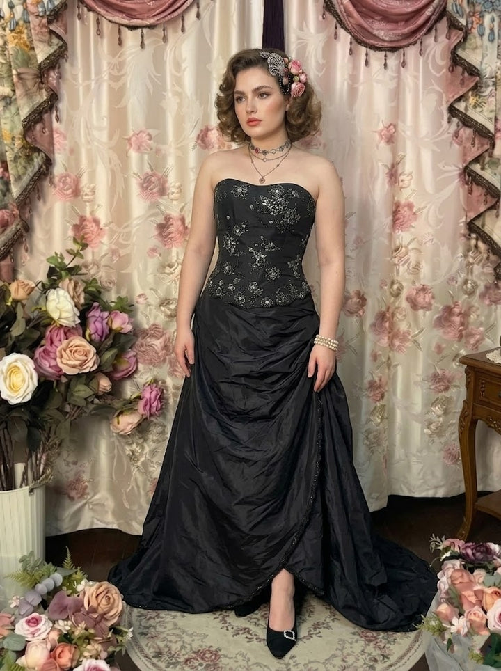A-Line/Princess Strapless Taffeta Prom Dresses Vintage 80s Iridescent Dress Sleeveless FLoor-Length Floral