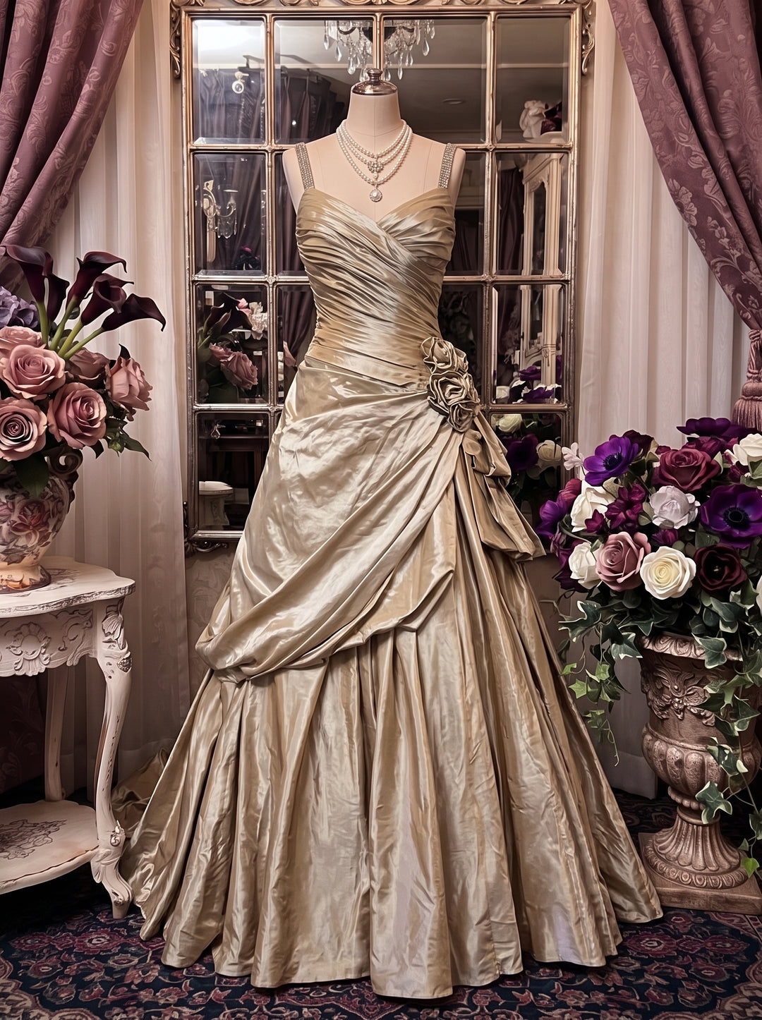 A-Line/Princess Spaghetti Straps Taffeta Prom Dresses Vintage 80s Iridescent Dress Sleeveless FLoor-Length With 3D Flowers