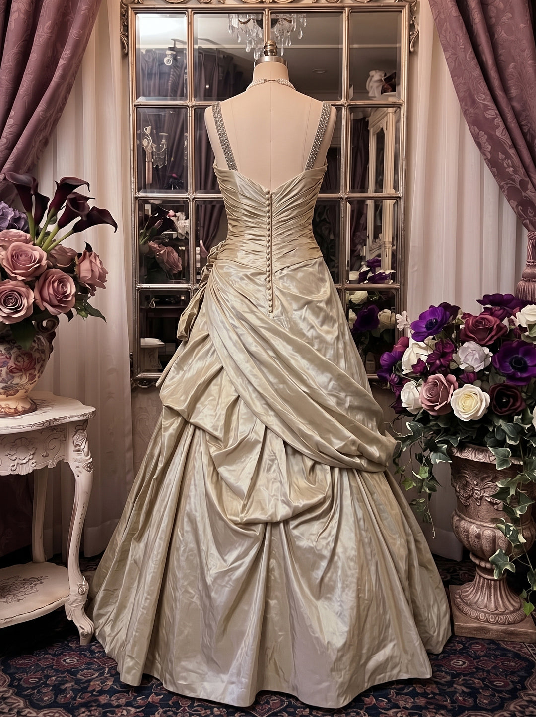 A-Line/Princess Spaghetti Straps Taffeta Prom Dresses Vintage 80s Iridescent Dress Sleeveless FLoor-Length With 3D Flowers