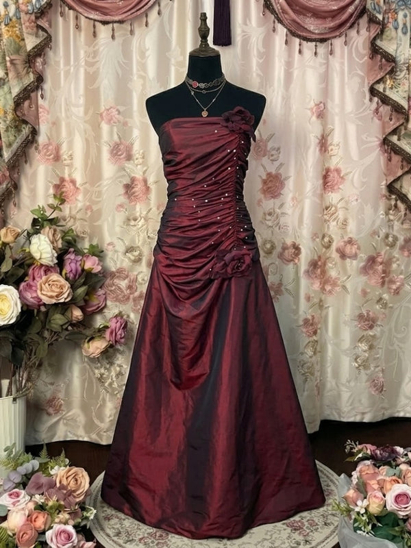 A-Line/Princess Strapless Taffeta Prom Dresses Vintage 80s Iridescent Dress Sleeveless FLoor-Length Ruched With 3D Flower