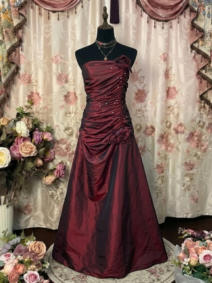 A-Line/Princess Strapless Taffeta Prom Dresses Vintage 80s Iridescent Dress Sleeveless FLoor-Length Ruched With 3D Flower