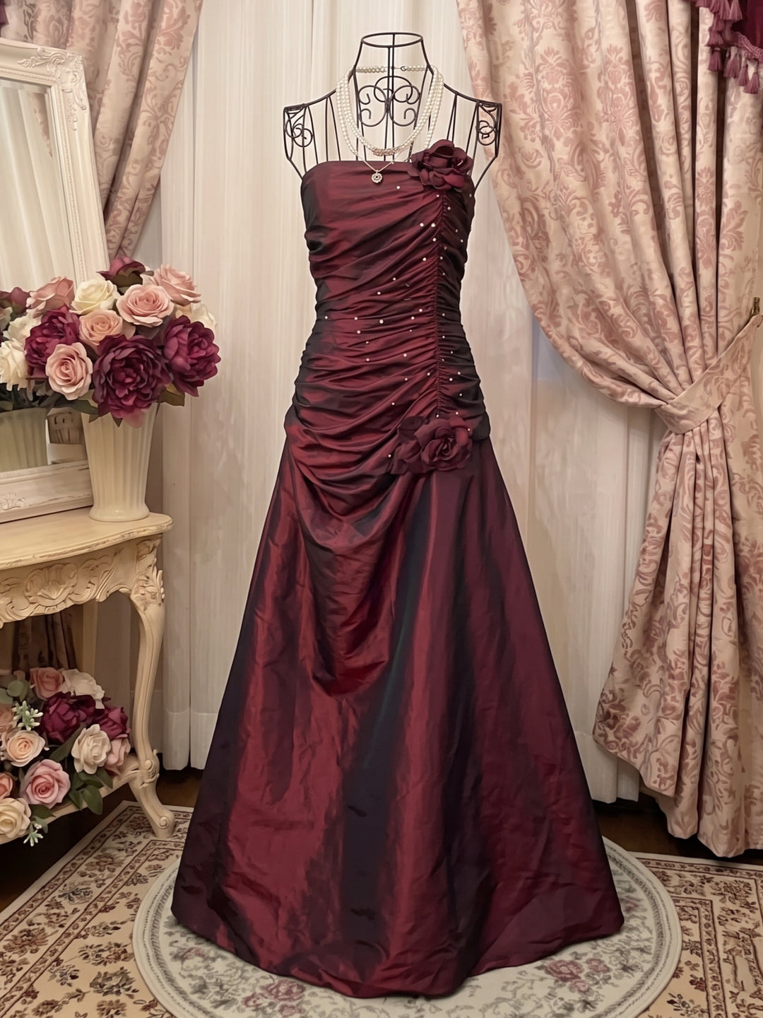 A-Line/Princess Strapless Taffeta Prom Dresses Vintage 80s Iridescent Dress Sleeveless FLoor-Length Ruched With 3D Flower