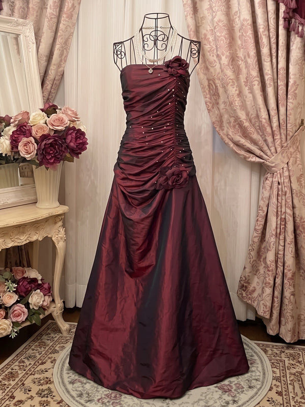 A-Line/Princess Strapless Taffeta Prom Dresses Vintage 80s Iridescent Dress Sleeveless FLoor-Length Ruched With 3D Flower