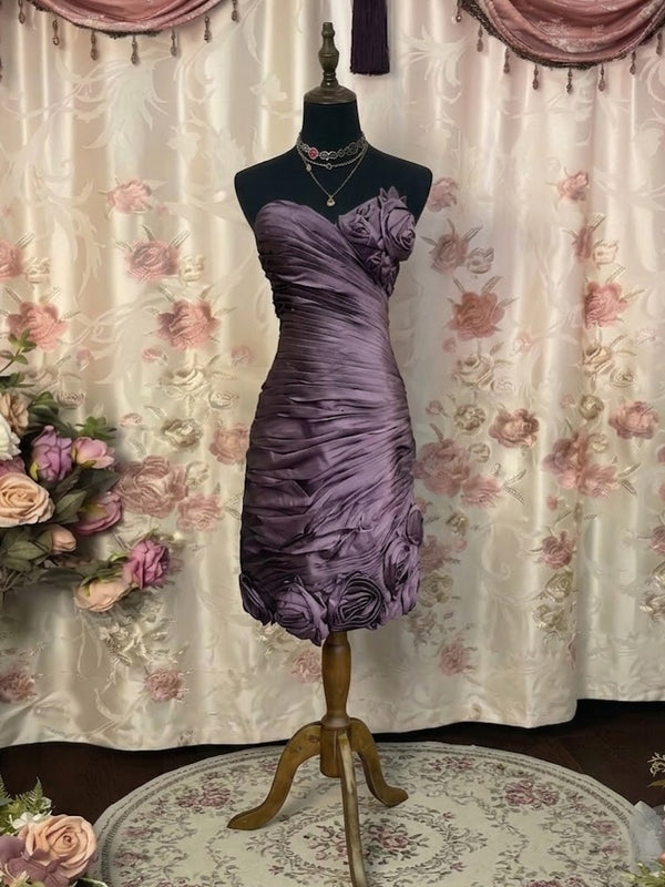 Sheath/Column Strapless Taffeta Prom Dresses Vintage 80s Iridescent Dress Sleeveless Knee-Length Ruched With 3D Flowers