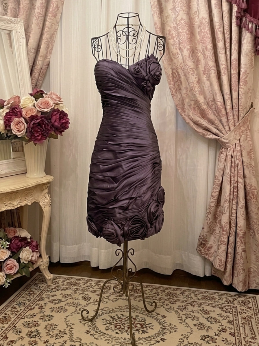 Sheath/Column Strapless Taffeta Prom Dresses Vintage 80s Iridescent Dress Sleeveless Knee-Length Ruched With 3D Flowers
