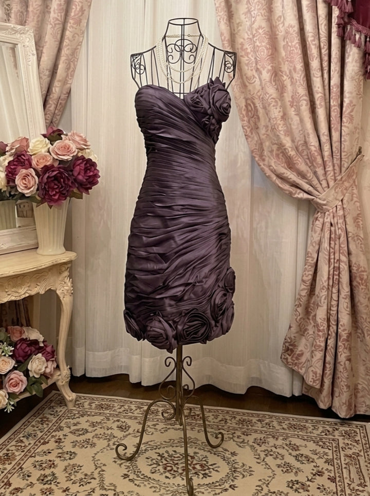 Sheath/Column Strapless Taffeta Prom Dresses Vintage 80s Iridescent Dress Sleeveless Knee-Length Ruched With 3D Flowers