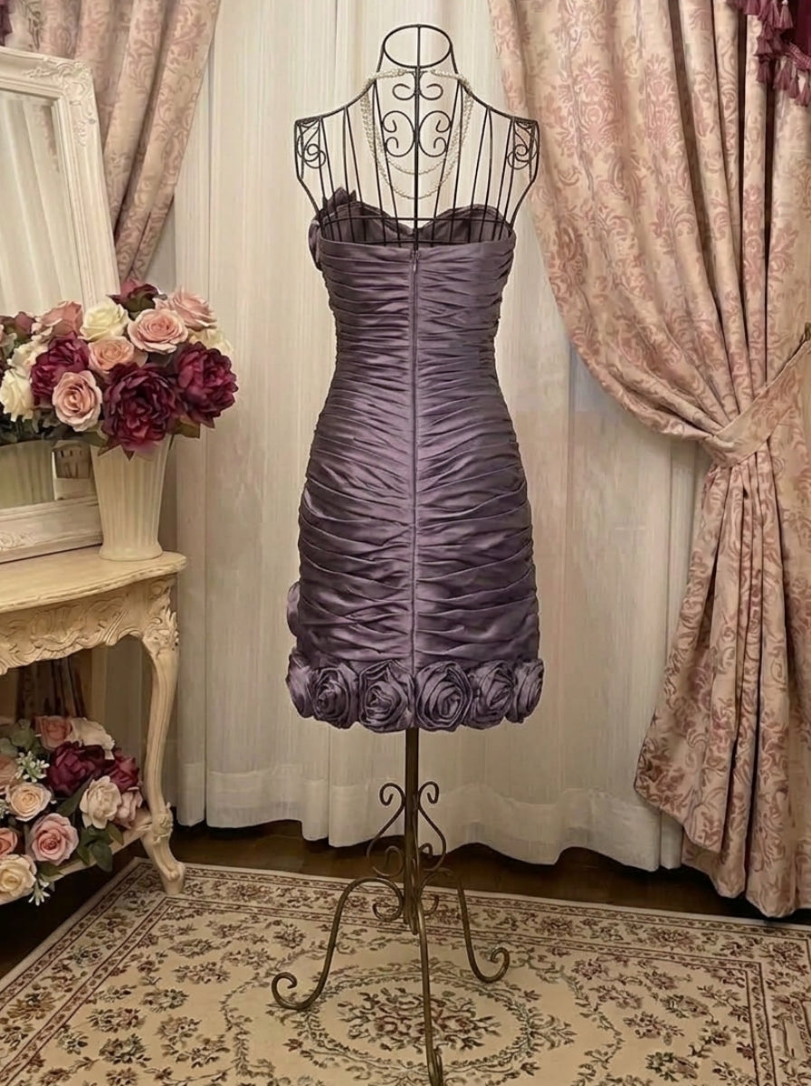 Sheath/Column Strapless Taffeta Prom Dresses Vintage 80s Iridescent Dress Sleeveless Knee-Length Ruched With 3D Flowers