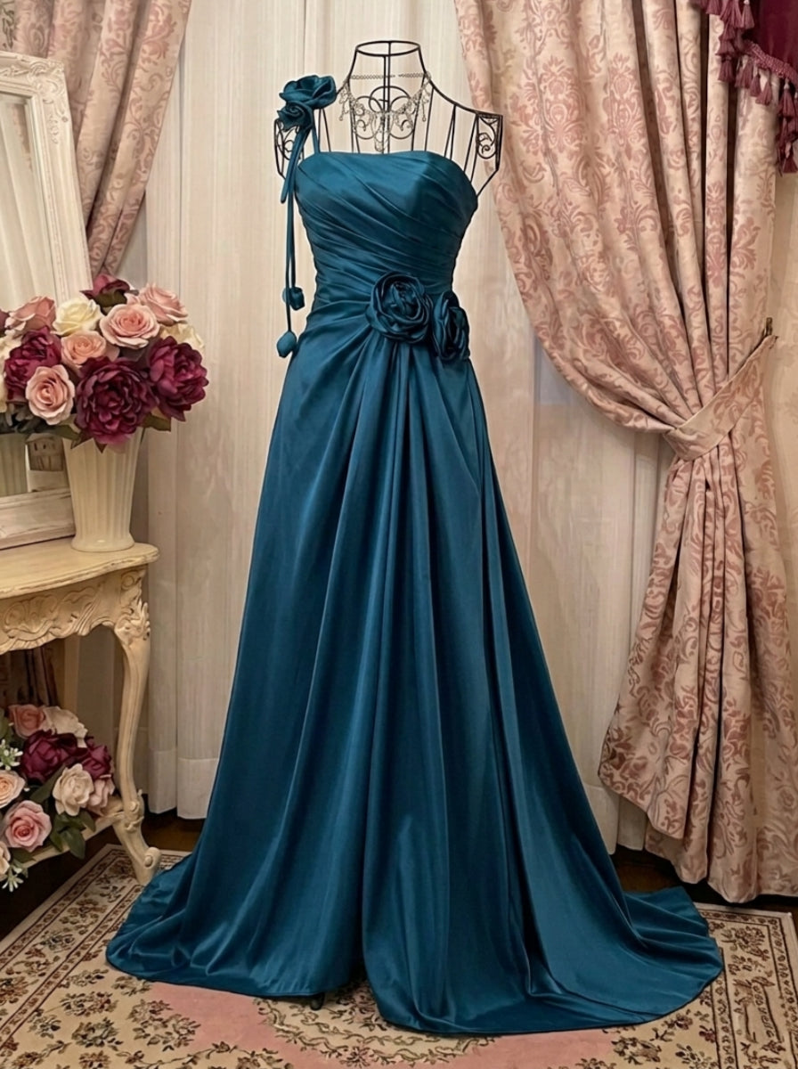 A-Line/Princess One-Shoulder Taffeta Prom Dresses Vintage 80s Iridescent Dress Sleeveless FLoor-Length Ruched With 3D Flowers
