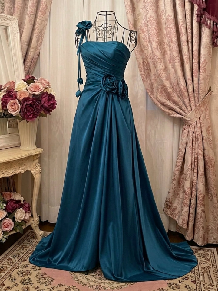 A-Line/Princess One-Shoulder Taffeta Prom Dresses Vintage 80s Iridescent Dress Sleeveless FLoor-Length Ruched With 3D Flowers