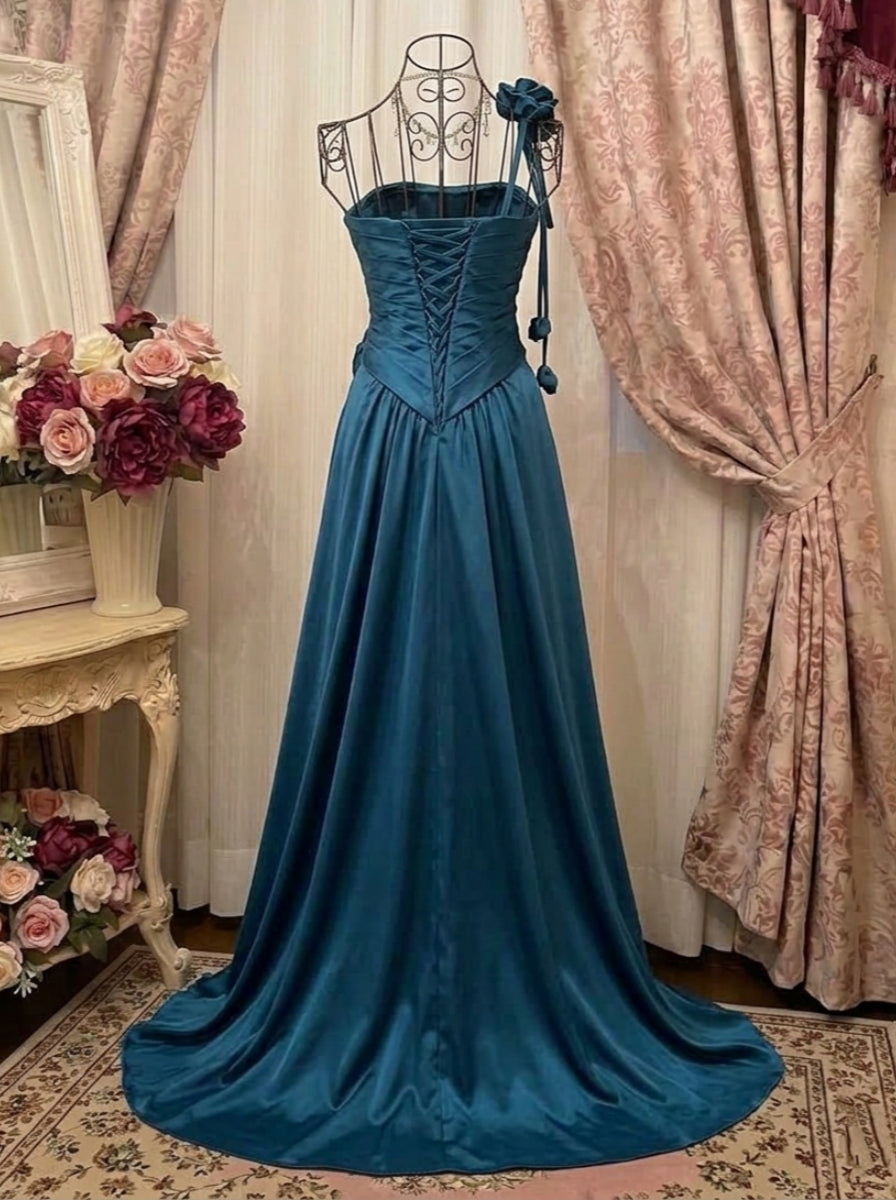 A-Line/Princess One-Shoulder Taffeta Prom Dresses Vintage 80s Iridescent Dress Sleeveless FLoor-Length Ruched With 3D Flowers