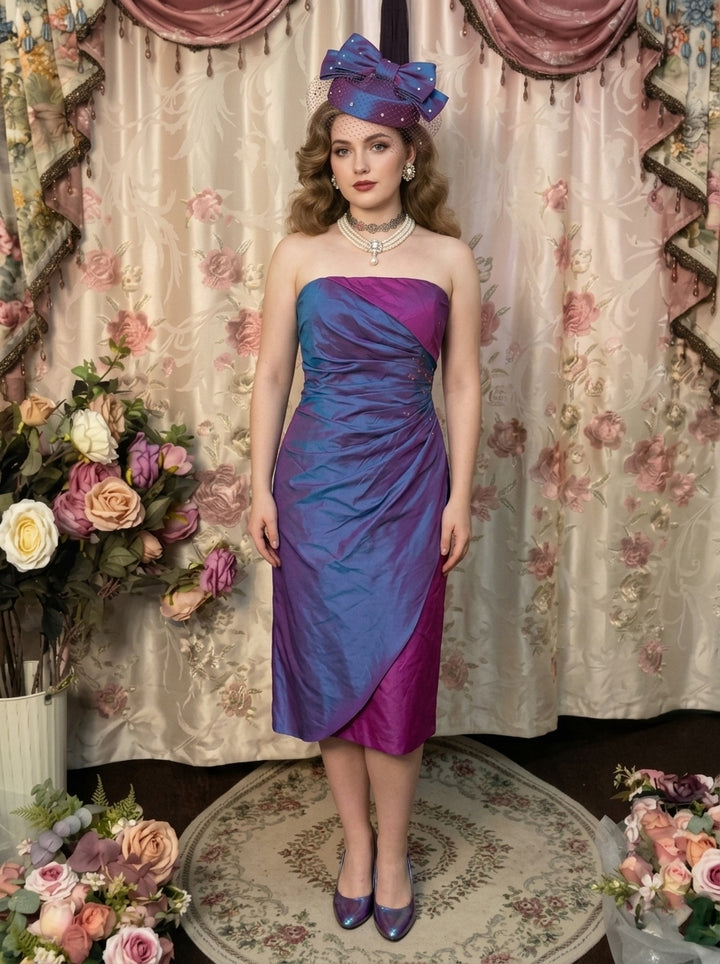 Sheath/Column Strapless Taffeta Prom Dresses Vintage 80s Iridescent Dress Sleeveless Mini Ruched