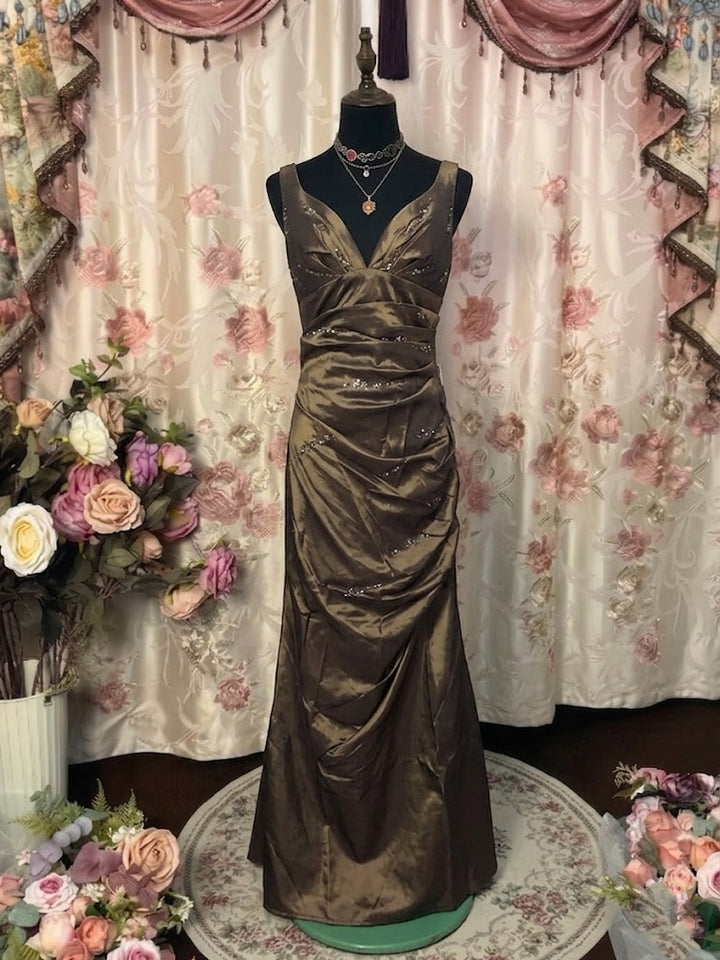 Trumpet/Mermaid V-Neck Taffeta Prom Dresses Vintage 80s Iridescent Dress Sleeveless FLoor-Length Sequins