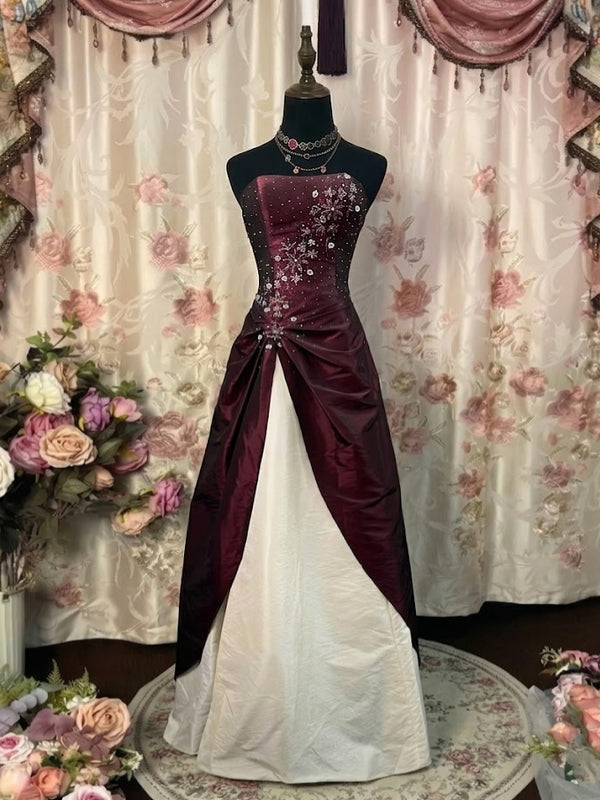 A-Line/Princess Strapless Taffeta Prom Dresses Vintage 80s Iridescent Dress Sleeveless FLoor-Length Sequins Floral