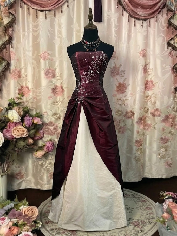 A-Line/Princess Strapless Taffeta Prom Dresses Vintage 80s Iridescent Dress Sleeveless FLoor-Length Sequins Floral