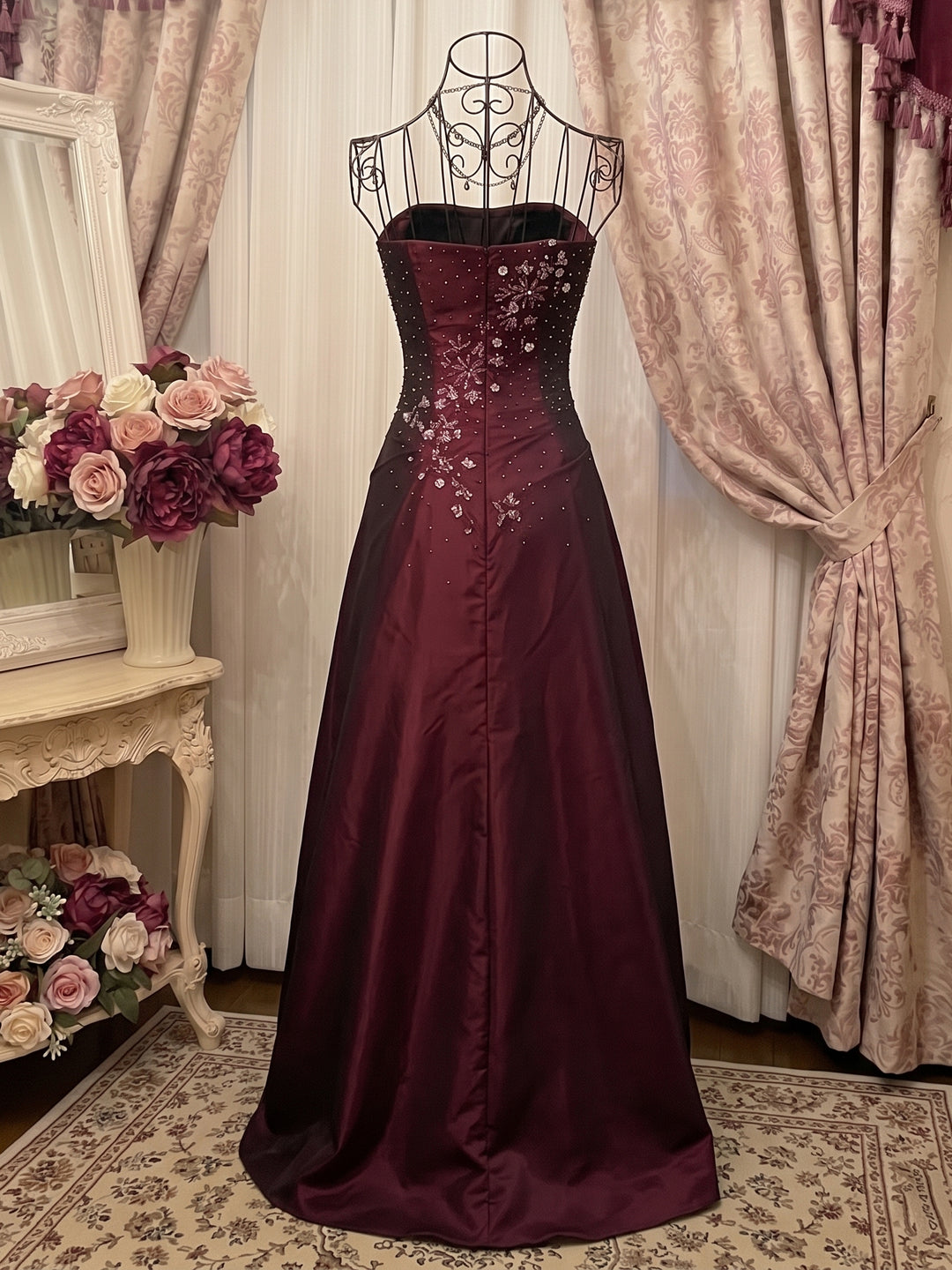 A-Line/Princess Strapless Taffeta Prom Dresses Vintage 80s Iridescent Dress Sleeveless FLoor-Length Sequins Floral
