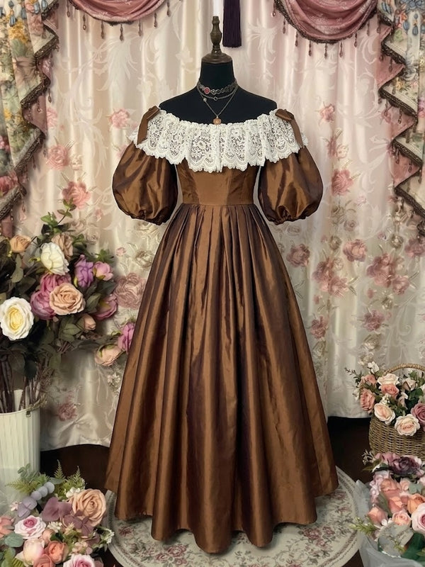 A-Line/Princess Off-the-Shoulder Taffeta Prom Dresses Bowknot Vintage 80s Iridescent Dress Sleeveless FLoor-Length Lace