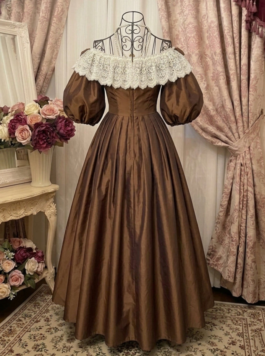A-Line/Princess Off-the-Shoulder Taffeta Prom Dresses Bowknot Vintage 80s Iridescent Dress Sleeveless FLoor-Length Lace
