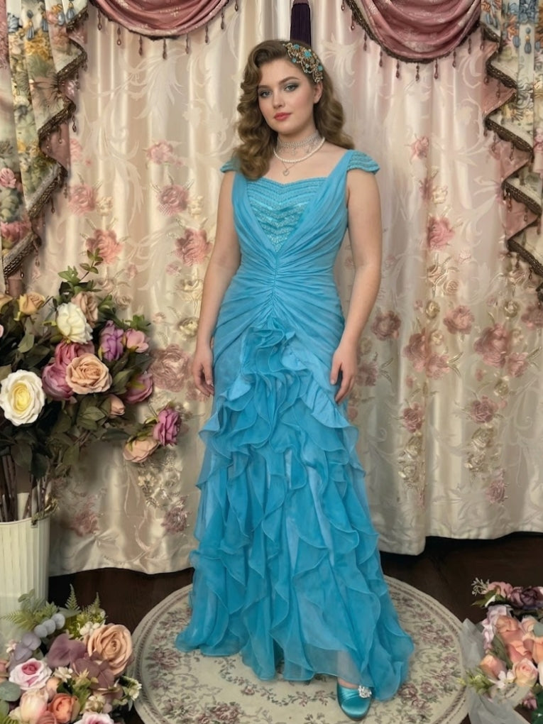 A-Line/Princess Square Collar Taffeta Prom Dresses Vintage 80s Iridescent Dress Sleeveless FLoor-Length Sequins Ruffles