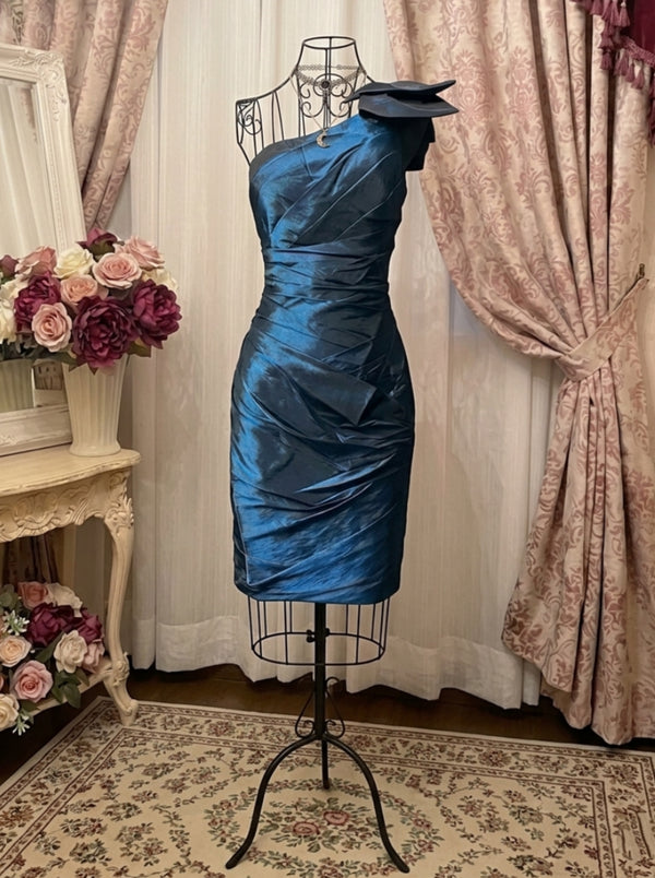 Sheath/Column One-Shoulder Taffeta Prom Dresses Vintage 80s Iridescent Dress Sleeveless Knee-Length Bowknot