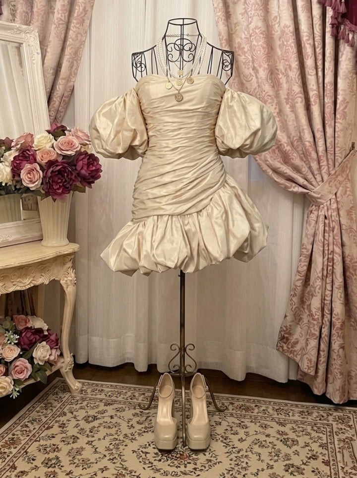 Ball Gown Off-the-Shoulder Taffeta Prom Mini Dresses Vintage 80s Iridescent Dress Sleeveless Ruched