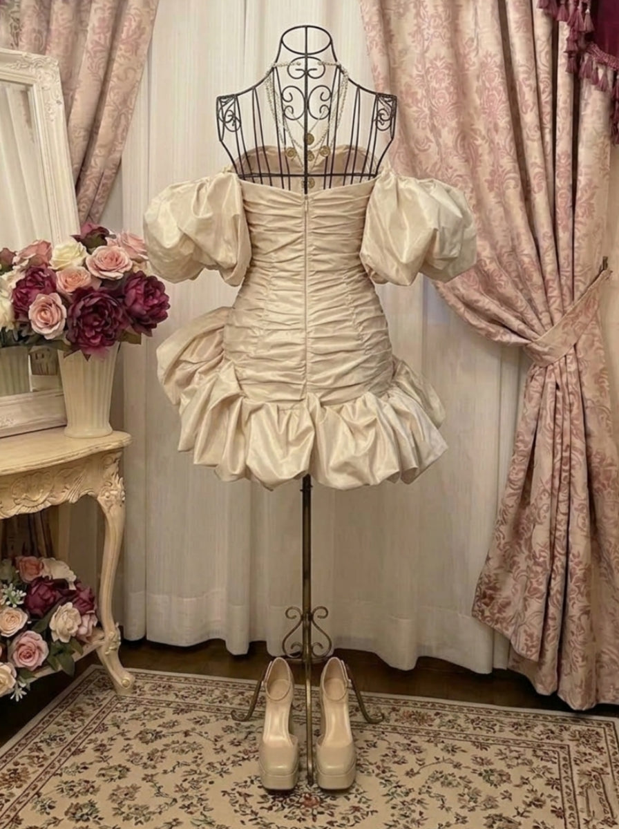 Ball Gown Off-the-Shoulder Taffeta Prom Mini Dresses Vintage 80s Iridescent Dress Sleeveless Ruched