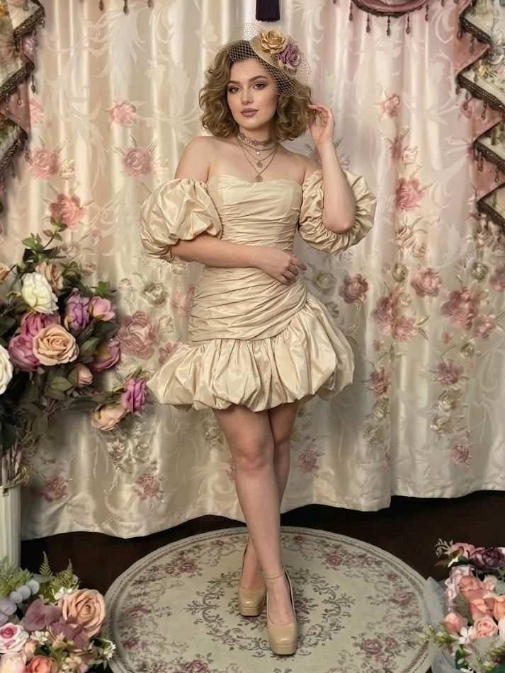Ball Gown Off-the-Shoulder Taffeta Prom Mini Dresses Vintage 80s Iridescent Dress Sleeveless Ruched