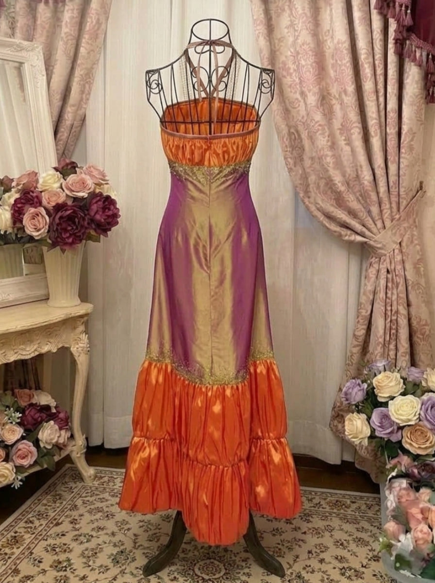 A-Line/Princess Halter Taffeta Prom Mini Dresses Vintage 80s Iridescent Dress Sleeveless Ankle-Length Sequins