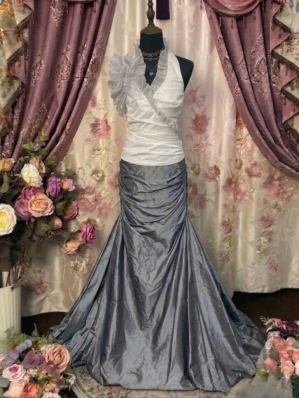 Trumpet/Mermaid Halter Taffeta Prom Dresses Vintage 80s Iridescent Dress Sleeveless Floor-Length 3D Flowers