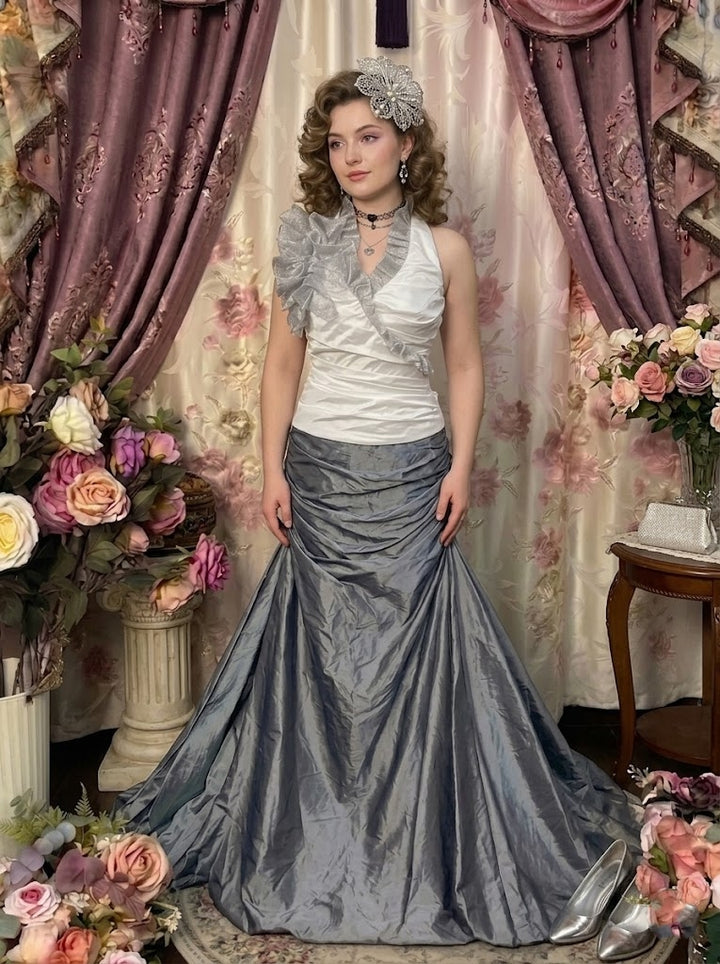 Trumpet/Mermaid Halter Taffeta Prom Dresses Vintage 80s Iridescent Dress Sleeveless Floor-Length 3D Flowers