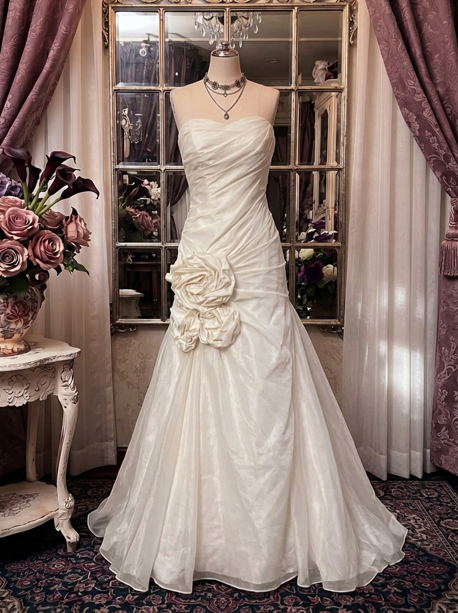 Sheath/Column Strapless Taffeta Prom Dresses Vintage 80s Iridescent Dress Sleeveless Floor-Length 3D Flowers