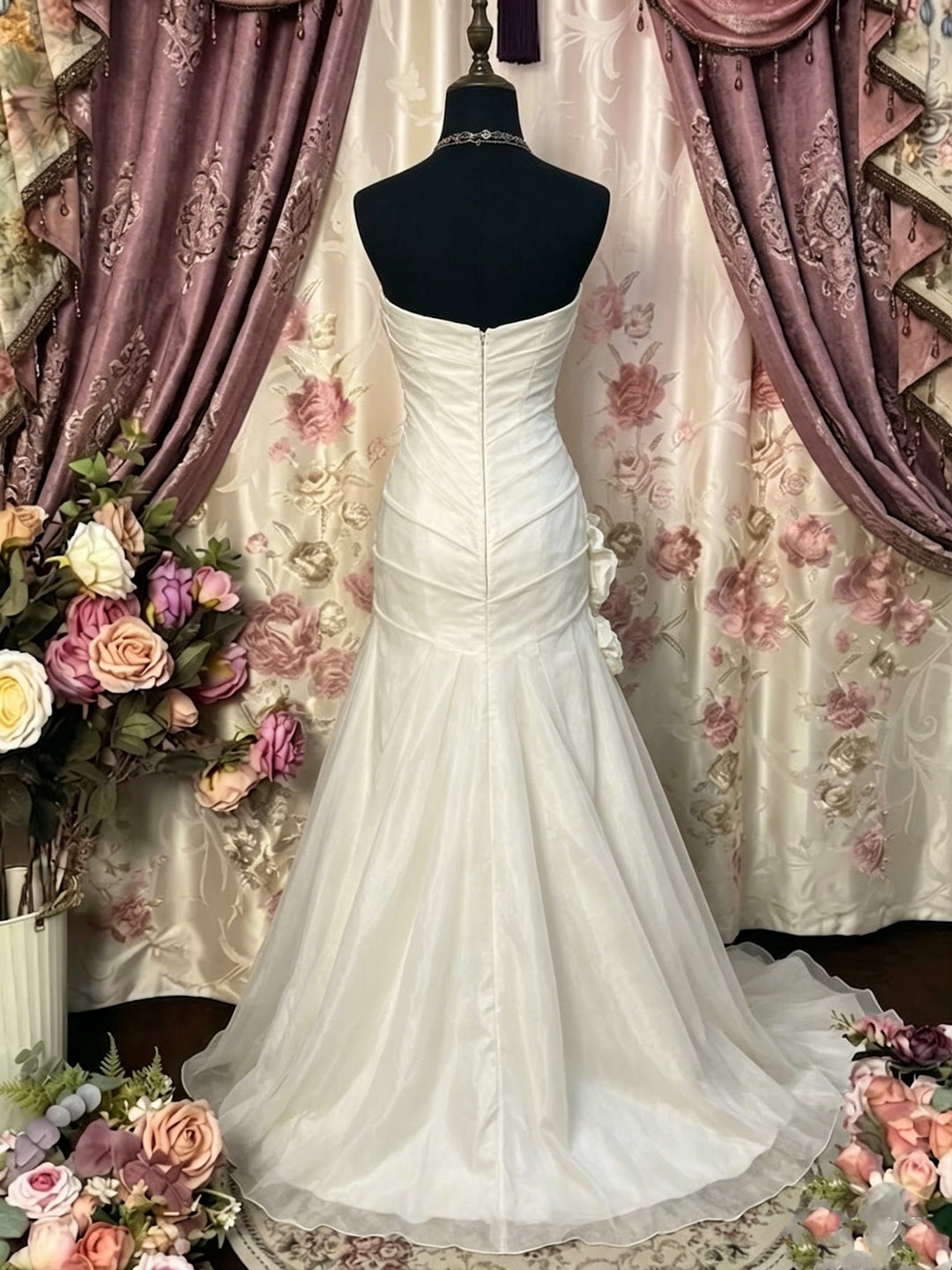 Sheath/Column Strapless Taffeta Prom Dresses Vintage 80s Iridescent Dress Sleeveless Floor-Length 3D Flowers