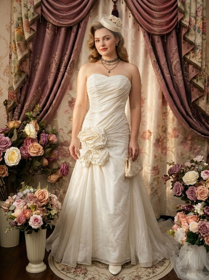 Sheath/Column Strapless Taffeta Prom Dresses Vintage 80s Iridescent Dress Sleeveless Floor-Length 3D Flowers