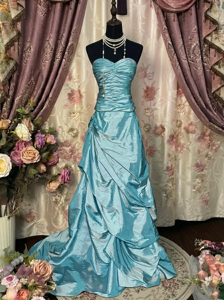 A-Line/Princess Sweetheart Taffeta Prom Dresses Bowknot Vintage 80s Iridescent Sequins Dress Sleeveless FLoor-Length-MON342991, Aqua Blue