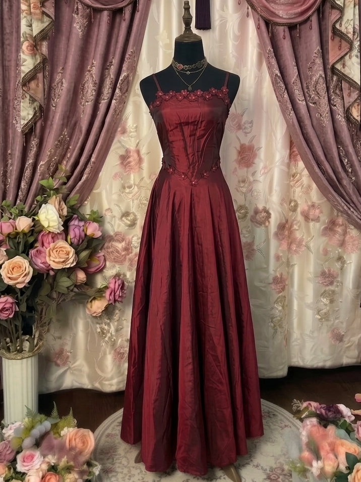 A-Line/Princess Spaghetti Straps Taffeta Prom Dresses Vintage 80s Iridescent Dress Sleeveless Ankle-Length With 3D Flower&Wrap