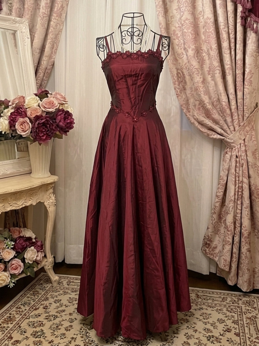 A-Line/Princess Spaghetti Straps Taffeta Prom Dresses Vintage 80s Iridescent Dress Sleeveless Ankle-Length With 3D Flower&Wrap