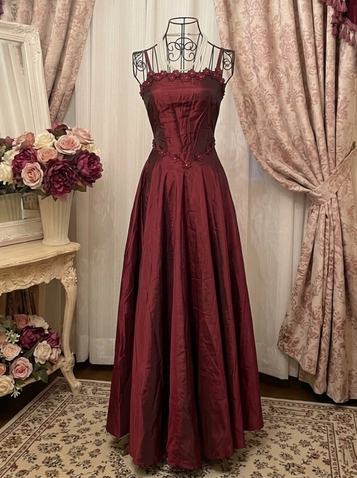 A-Line/Princess Spaghetti Straps Taffeta Prom Dresses Vintage 80s Iridescent Dress Sleeveless Ankle-Length With 3D Flower&Wrap