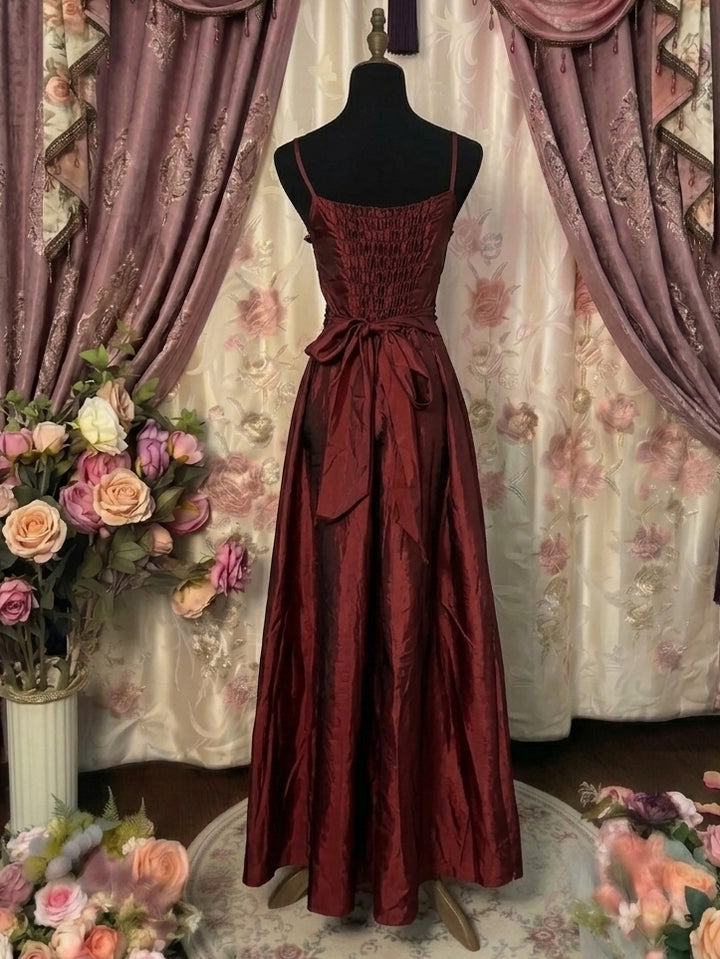 A-Line/Princess Spaghetti Straps Taffeta Prom Dresses Vintage 80s Iridescent Dress Sleeveless Ankle-Length With 3D Flower&Wrap