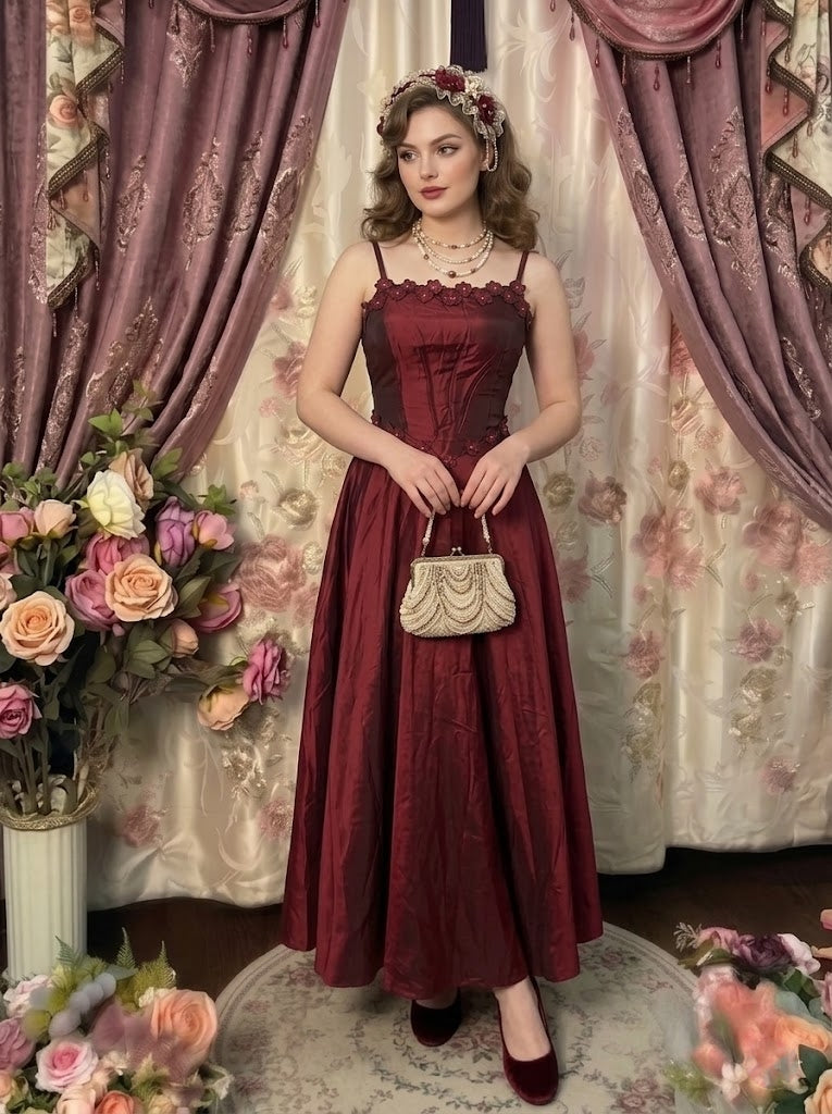 A-Line/Princess Spaghetti Straps Taffeta Prom Dresses Vintage 80s Iridescent Dress Sleeveless Ankle-Length With 3D Flower&Wrap