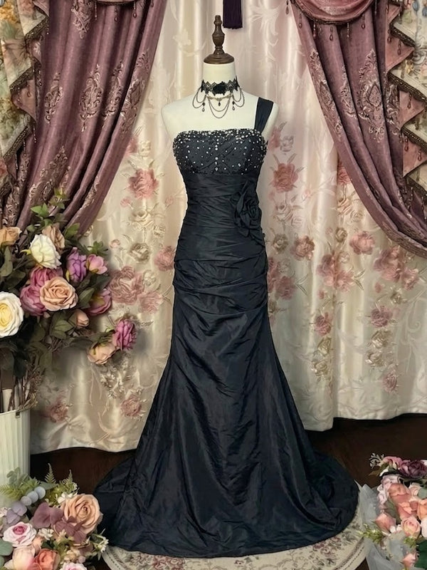 Sheath/Column One-Shoulder Taffeta Prom Dresses Vintage 80s Iridescent Dress Sleeveless Floor-Length 3D Flower&Sequins