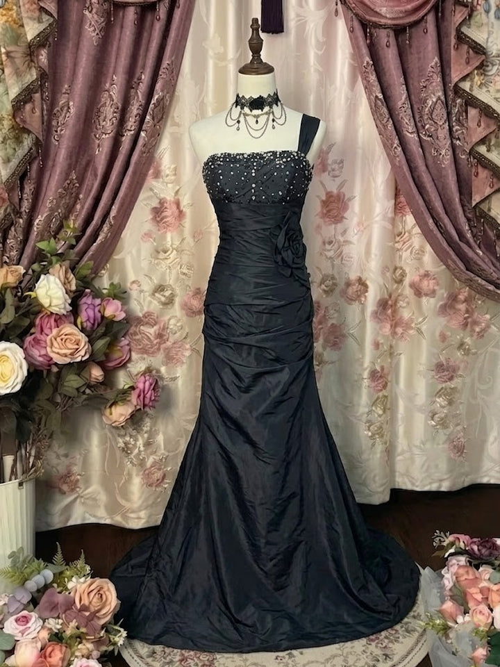 Sheath/Column One-Shoulder Taffeta Prom Dresses Vintage 80s Iridescent Dress Sleeveless Floor-Length 3D Flower&Sequins
