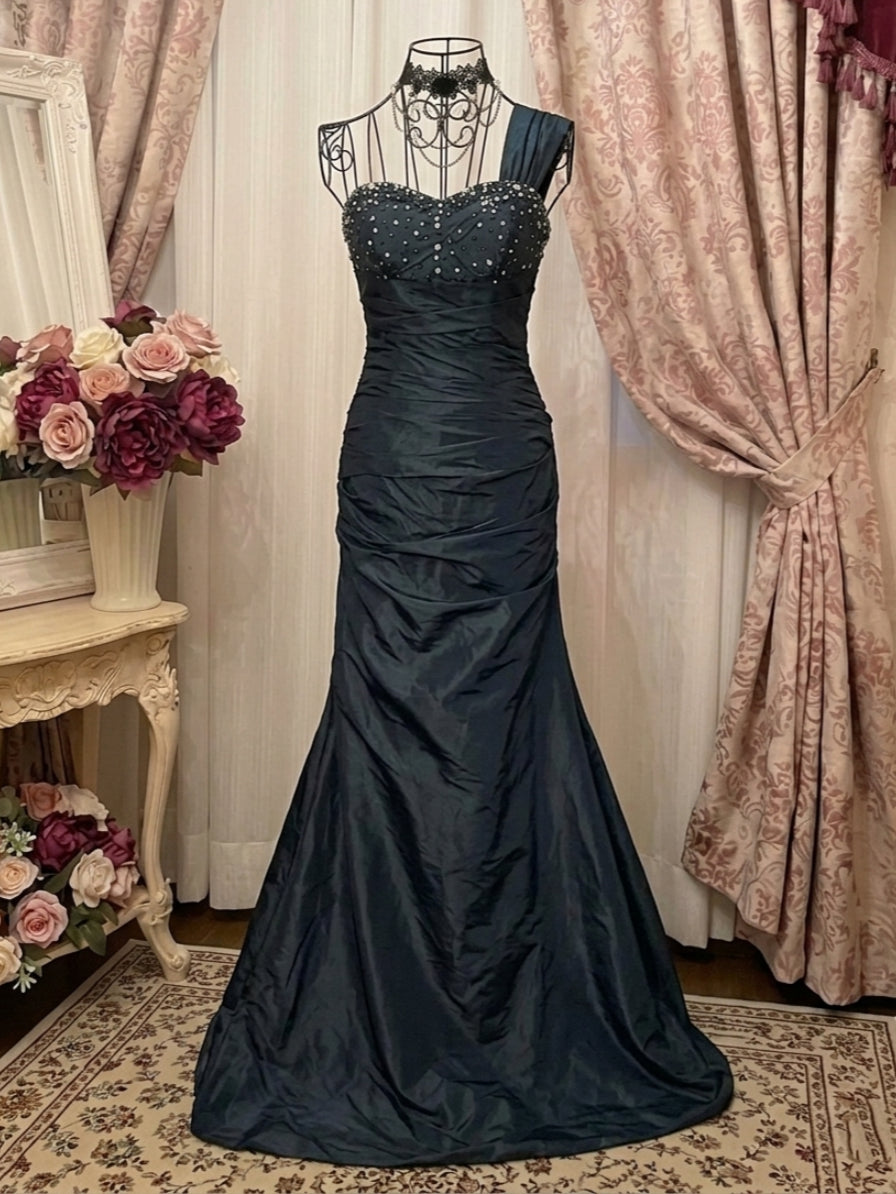 Sheath/Column One-Shoulder Taffeta Prom Dresses Vintage 80s Iridescent Dress Sleeveless Floor-Length 3D Flower&Sequins
