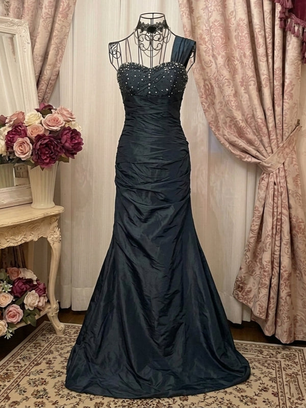Sheath/Column One-Shoulder Taffeta Prom Dresses Vintage 80s Iridescent Dress Sleeveless Floor-Length 3D Flower&Sequins