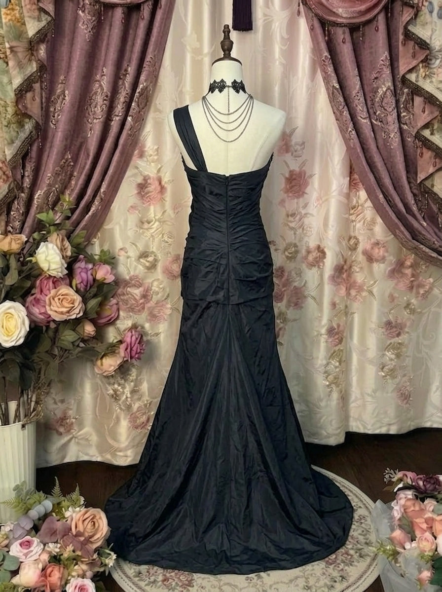 Sheath/Column One-Shoulder Taffeta Prom Dresses Vintage 80s Iridescent Dress Sleeveless Floor-Length 3D Flower&Sequins