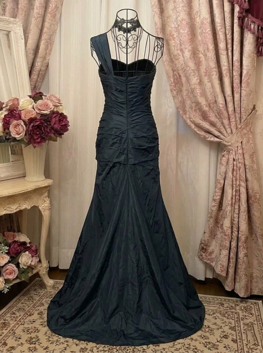 Sheath/Column One-Shoulder Taffeta Prom Dresses Vintage 80s Iridescent Dress Sleeveless Floor-Length 3D Flower&Sequins