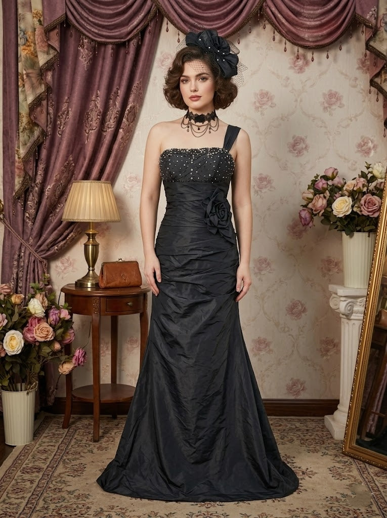 Sheath/Column One-Shoulder Taffeta Prom Dresses Vintage 80s Iridescent Dress Sleeveless Floor-Length 3D Flower&Sequins