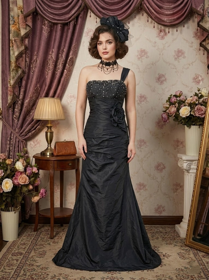 Sheath/Column One-Shoulder Taffeta Prom Dresses Vintage 80s Iridescent Dress Sleeveless Floor-Length 3D Flower&Sequins