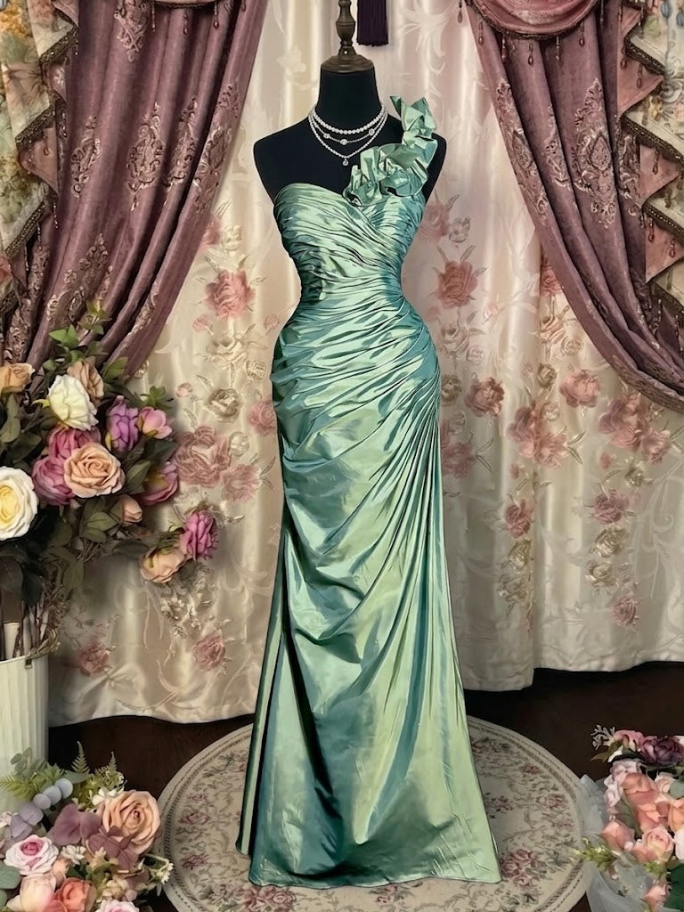Sheath/Column One-Shoulder Taffeta Prom Dresses Vintage 80s Iridescent Dress Sleeveless Floor-Length Ruched