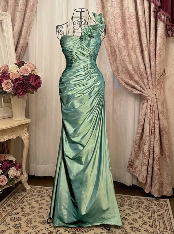 Sheath/Column One-Shoulder Taffeta Prom Dresses Vintage 80s Iridescent Dress Sleeveless Floor-Length Ruched